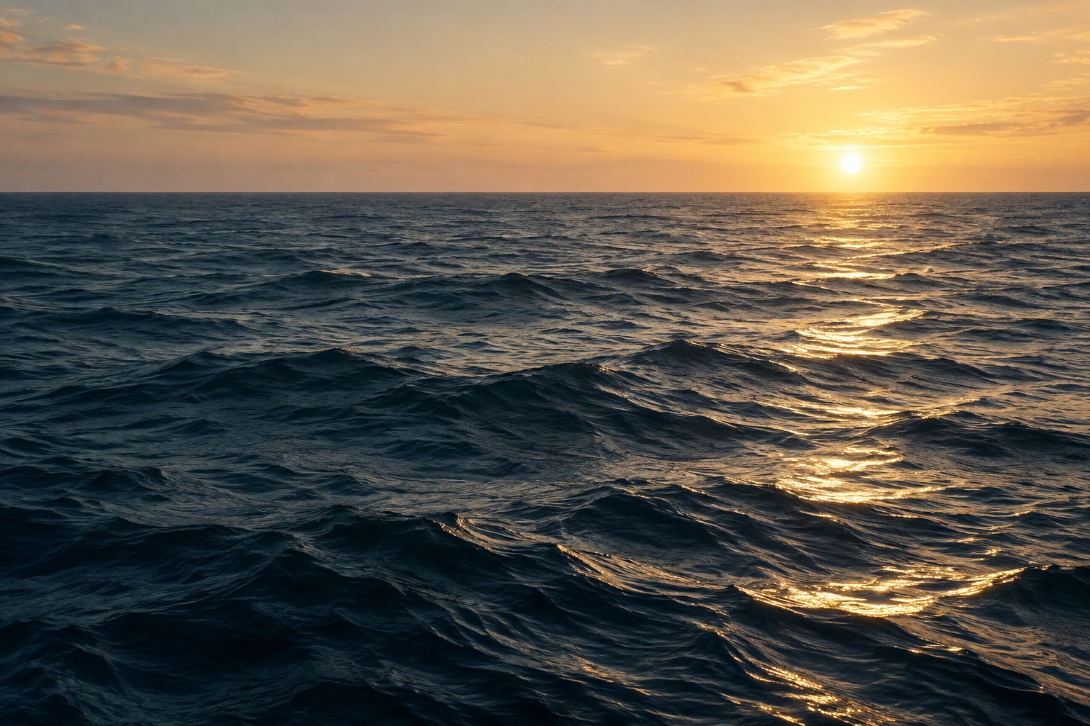 Gentle ocean swells beneath a golden dawn sky